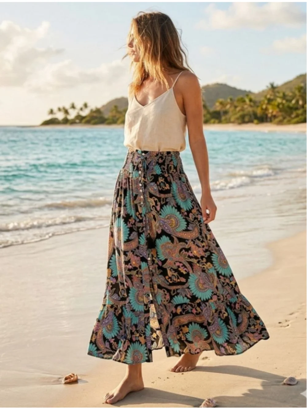 Haute Hippie Maxi Skirt M Black Turquoise Paisley boho Y2K beach flowy - Picture 1 of 9